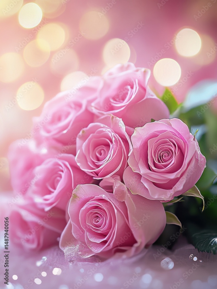 Poster close-up view of a bouquet of pink roses, delicately arranged and glistening with dew drops, set aga