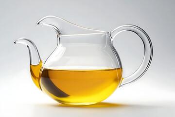 Elegant glass teapot filled with amber tea, showcasing a minimalist background for culinary use