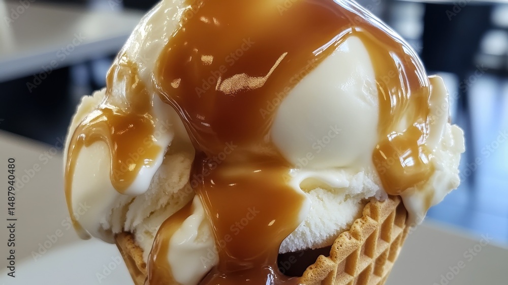 Poster close-up of vanilla ice cream cone generously drizzled with caramel sauce, showcasing creamy texture