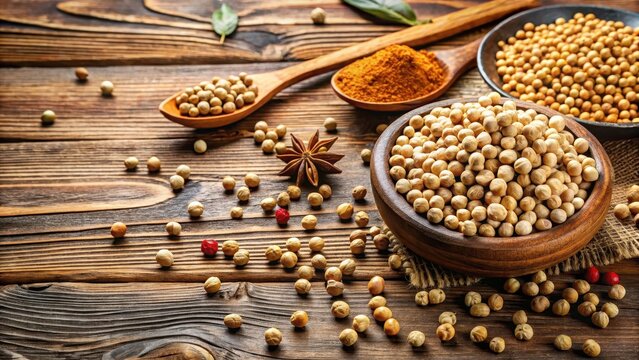Chickpeas with scattered cumin seeds on a wooden table,, food, spices,  food, spices, kitchen,cumin seeds