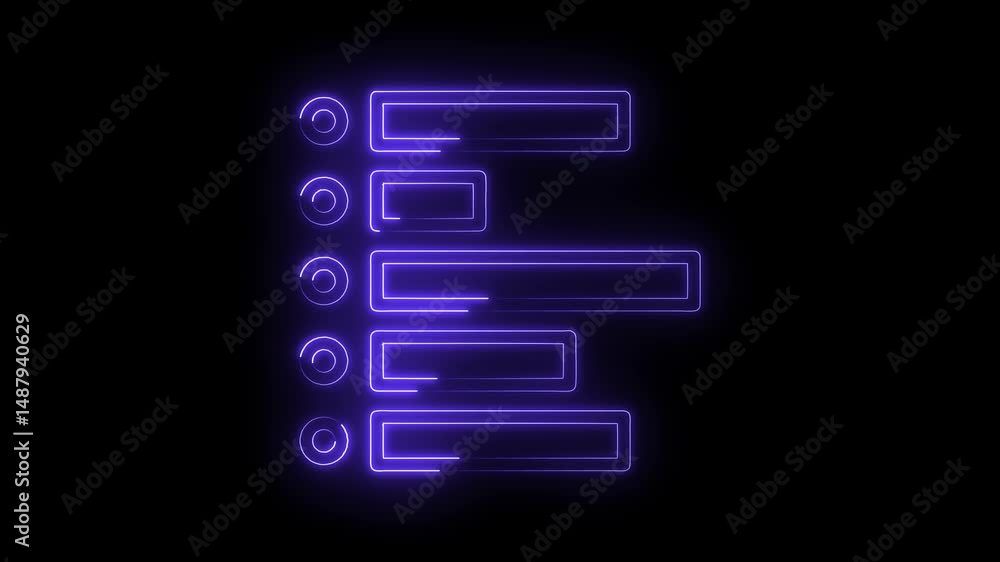 Poster glowing purple neon checklist menu interface on black background animation loop