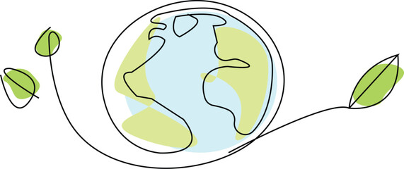 Earth globe single line art drawing. Go green Ecology and Environment concept. Line art vector illustration.