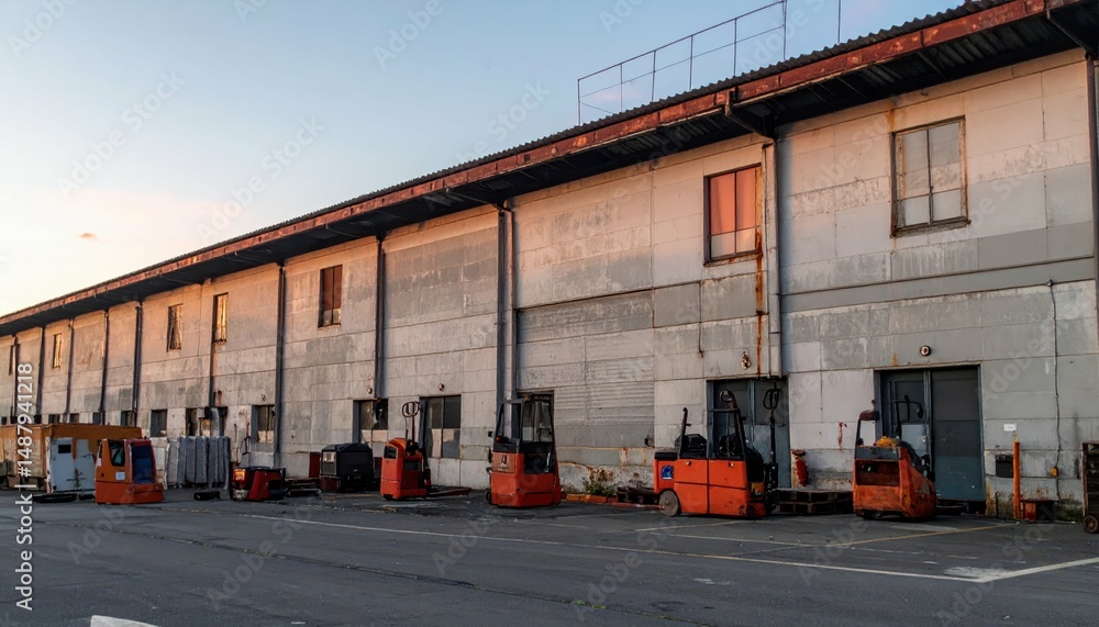 Poster automated warehouse with rusty pallet jacks at dawn without people