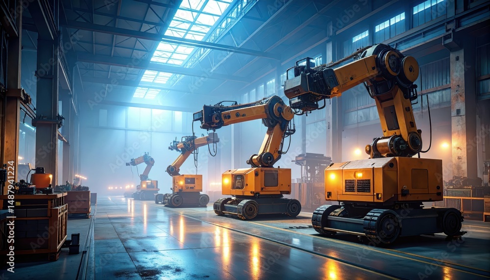 Poster rusty automated warehouse with robotic pickers in misty atmosphere