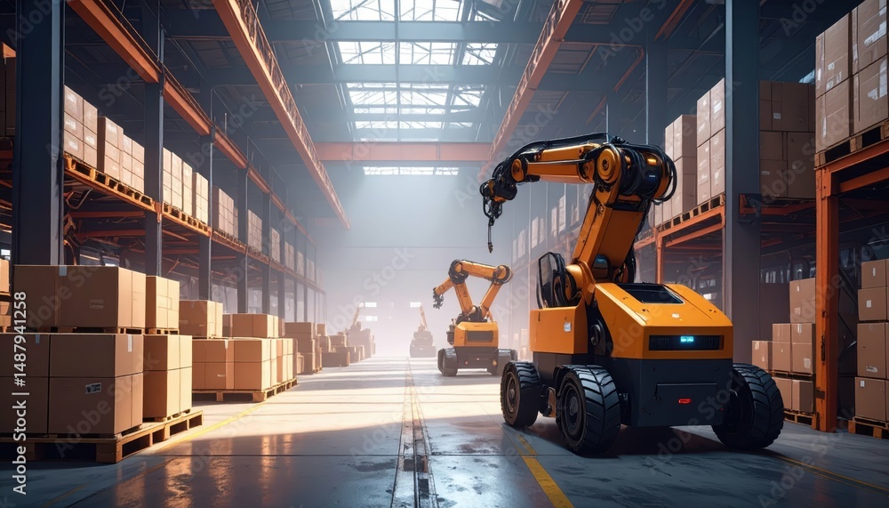 Poster rusty robots in automated warehouse with misty atmosphere