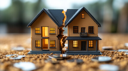 Split house model on coins, blurred background, symbolizing financial trouble