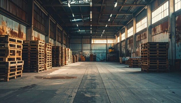 Rustic Cargo Warehouse with Stacked Pallets in Ambient Lighting