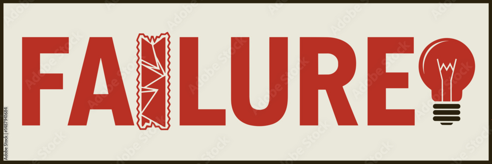 Poster red light bulb with broken filament and failure text – great for illustrating failed ideas, creative