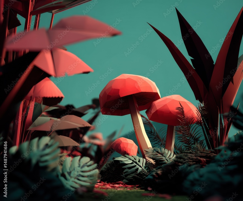 Aufkleber low-poly rendering of vibrant red mushrooms nestled amongst stylized tropical foliage, creating a su