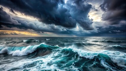 Obraz premium Ominous Dark Waves in the Ocean, stormy weather, mysterious sea