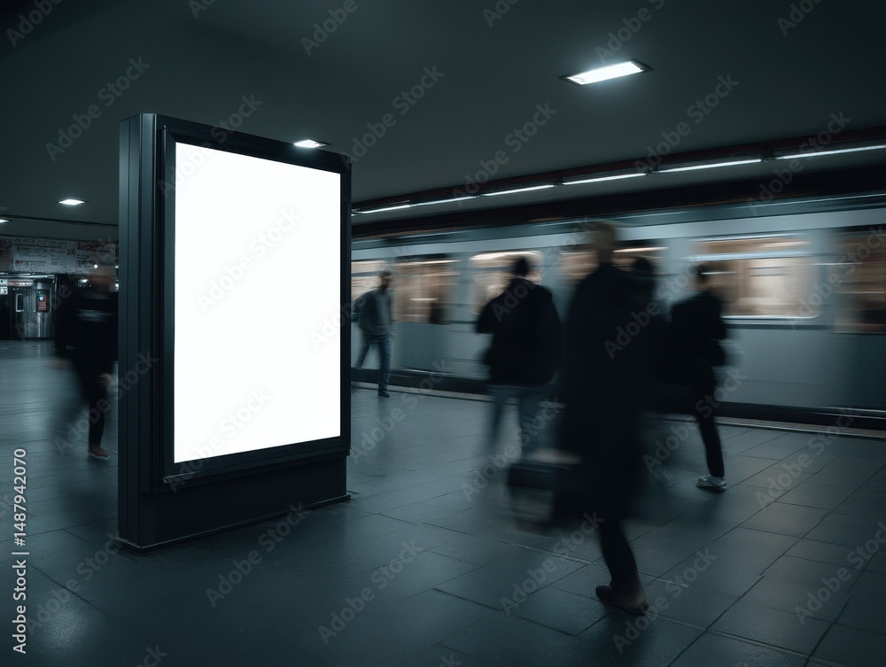 Poster Blank billboard advertisement in subway station with blurred commuters and passing train.  Perfect for your marketing campaign. : Generative AI
