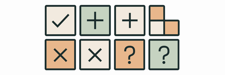 Fototapeta premium Grid of squares with checkmark, plus, minus, X, and question mark – Suitable for UI/UX kits, icon sets, or web design components.