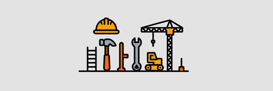 Vector icon of construction tools and equipment on white – Ideal for hardware store graphics, tool tutorials, or mechanical service branding