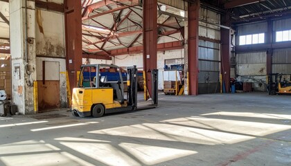 Fototapeta premium Rusty Warehouse Interior with Forklifts Under Harsh Midday Sun