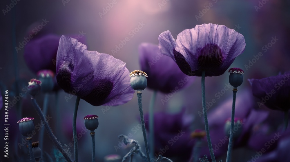 Aufkleber Close-up view of several purple poppies in a field, their delicate petals and seed pods bathed in soft, diffused light, creating a serene and dreamy atmosphere. : Generative AI