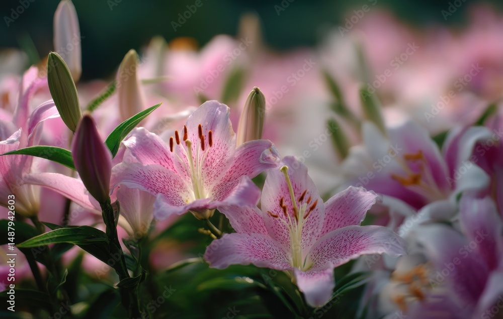 Poster close-up view of delicate pink lilies with speckled petals, illuminated by soft sunlight, showcasing