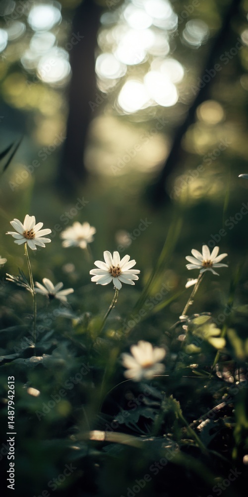 Poster delicate white wildflowers bathed in sunlight filter through the trees in a lush green forest, creat