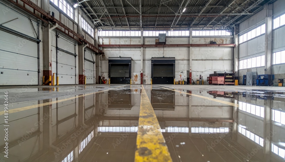 Poster rusty warehouse with loading docks and reflective floor surface