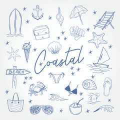 set of blue toned beach and sea life objects illustration suitable for summer themed designs, beach party invitations, posters, and ocean related projects.