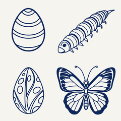 Minimalist Blue Vector Set &ndash; Egg, Caterpillar, Chrysalis & Butterfly Lifecycle Shapes with Uniform Stroke