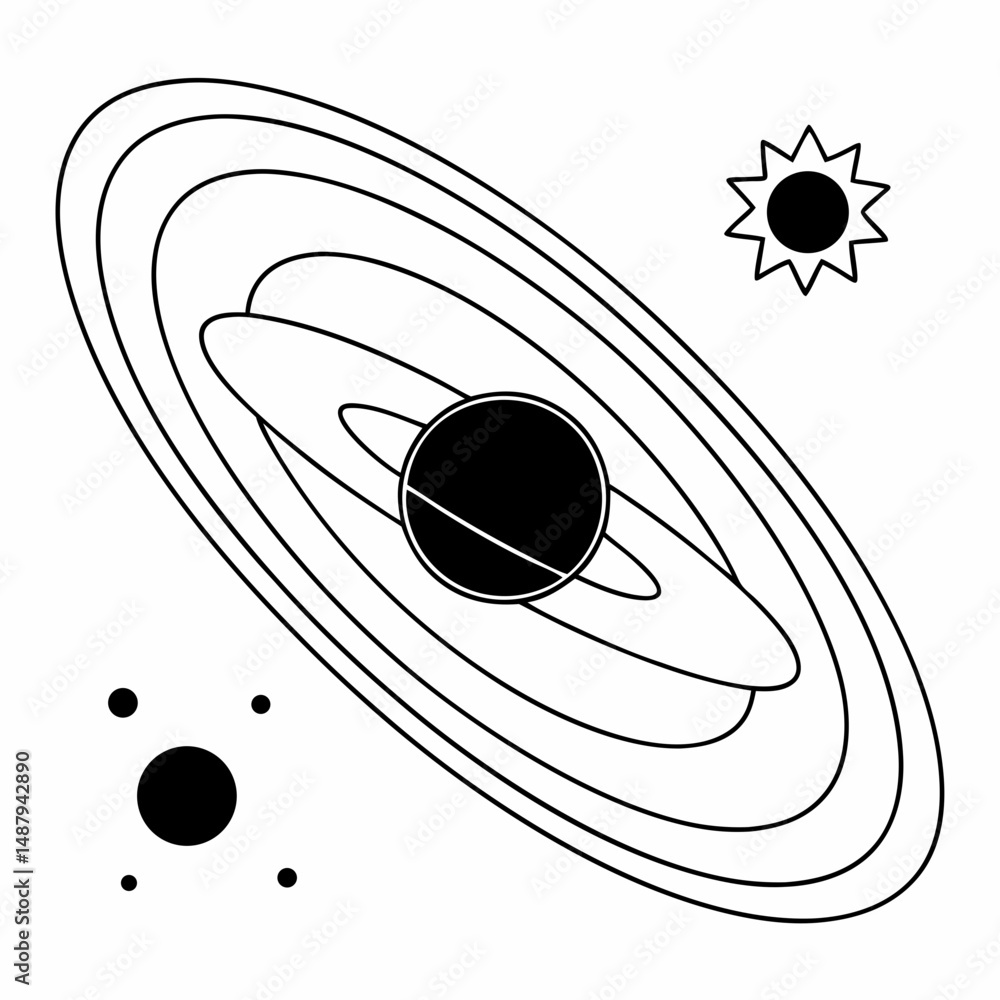 Poster black sun with three circular planetary orbits on white background – astronomy basics style