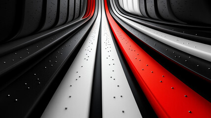 Red, white, black lines curve into abstract tunnel background