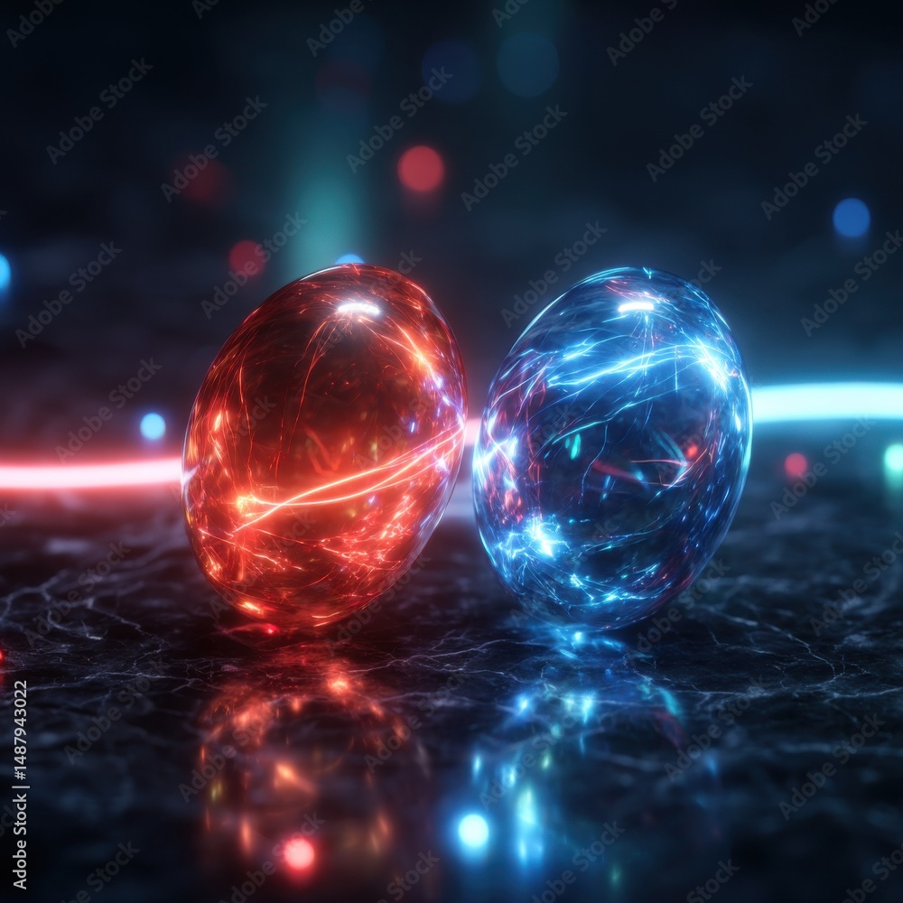 Poster two glowing orbs, one red and one blue, pulse with internal energy on a dark marble surface, illumin
