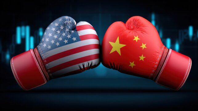 American and Chinese boxing gloves face off against a backdrop of financial market charts, symbolizing economic competition and global trade tensions. : Generative AI