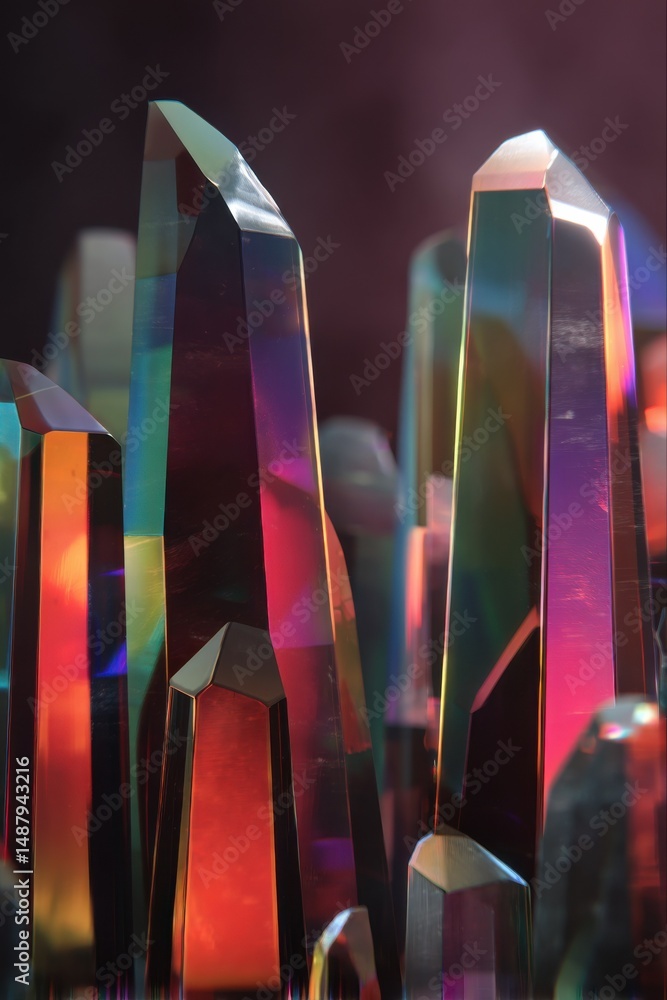 Poster close-up view of iridescent crystals, showcasing vibrant red, orange, and purple hues. the sharp, fa