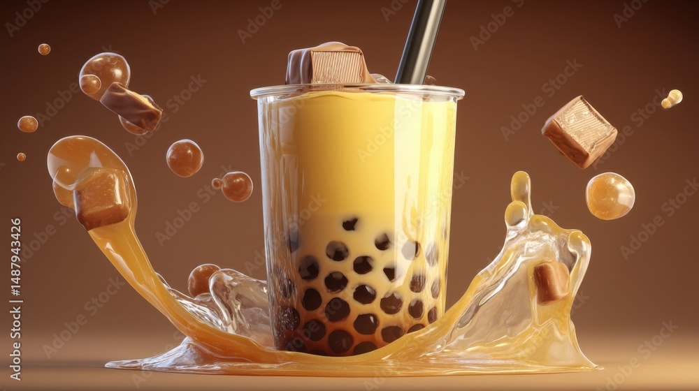 Poster a delicious bubble tea drink with caramel and chocolate pieces splashing around a clear cup, creatin