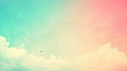 Pastel sky with clouds and birds in soft color gradients.