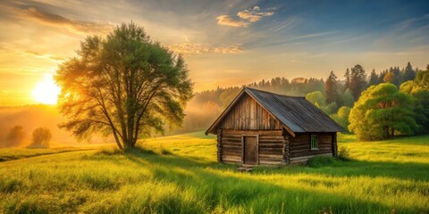 A rustic wooden house stands alone in a vast green landscape under the warm glow of golden sunlight filtering through the trees , wooden, serene
