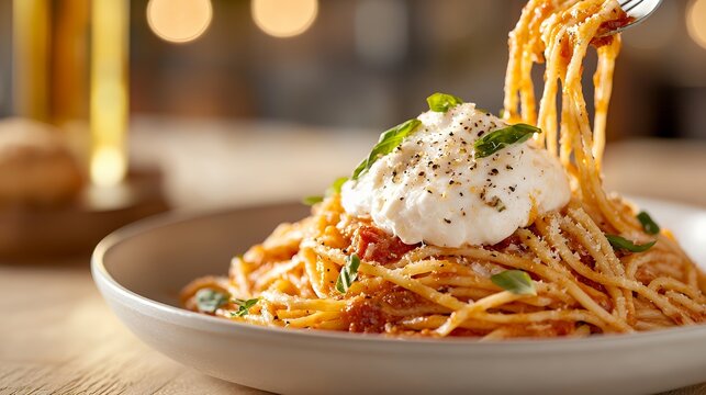 Pasta Dish with Burrata Cheese and Basil