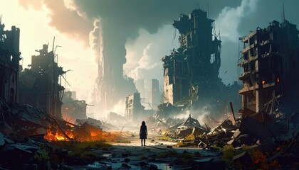 Solitary Figure Standing in Devastated Urban Landscape Amidst Ruins