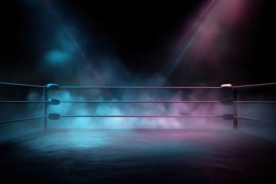 Empty boxing ring illuminated by neon blue and pink lights, creating a dramatic and atmospheric scene perfect for sports or fight themed projects. : Generative AI - Powered by Adobe