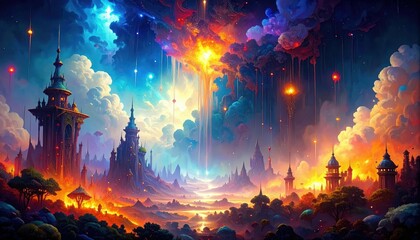 Enchanting Landscape with Magical Elements Under a Colorful Sky