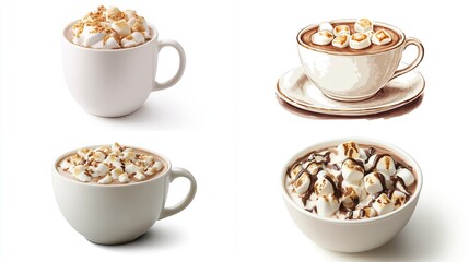 Four mugs/cups filled with hot chocolate and marshmallow toppings on a white background
