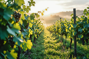 Sunlight illuminates a sprawling vineyard with rows of grapevines stretching towards misty mountains in the distance, creating a serene landscape scene.