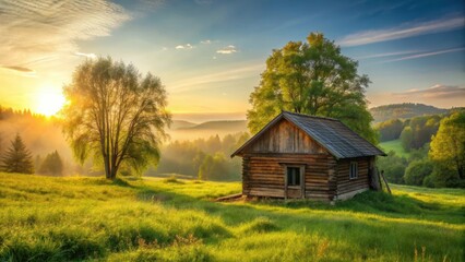 Rustic wooden house stands alone in vast green landscape under warm golden sunlight filtering through the trees, rustic