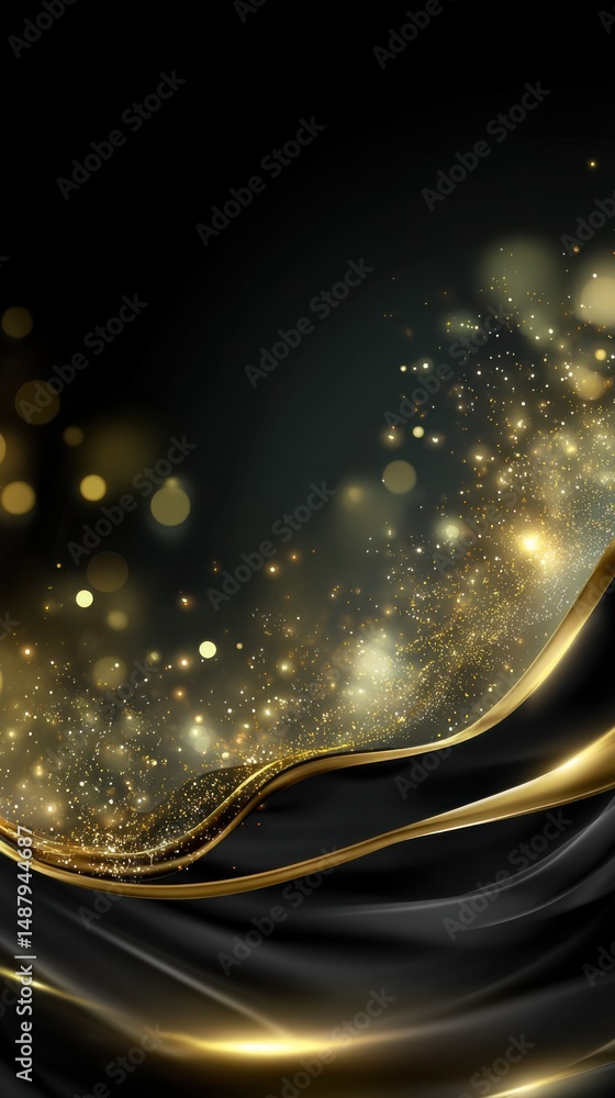 Poster elegant black and gold silk fabric with shimmering golden particles, creating a luxurious and festiv