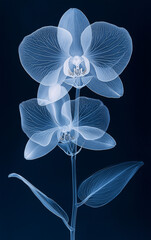 X-Ray Style Image of Two Delicate Orchid Flowers and Leaves on Dark Background