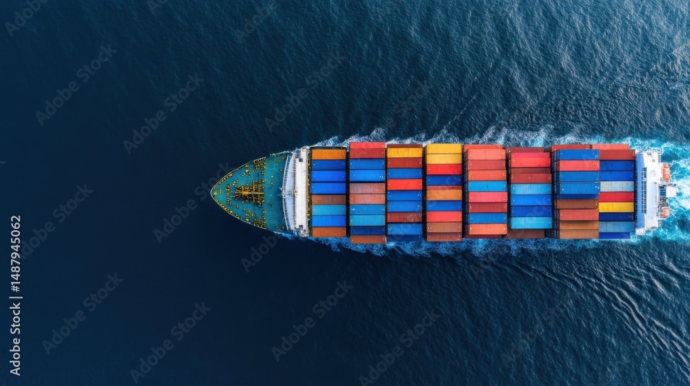 Poster aerial view of container ship navigating through deep blue ocean waters