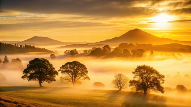 Golden sunrise over Eildon Hills with misty atmosphere and tree silhouettes, landscape, mist