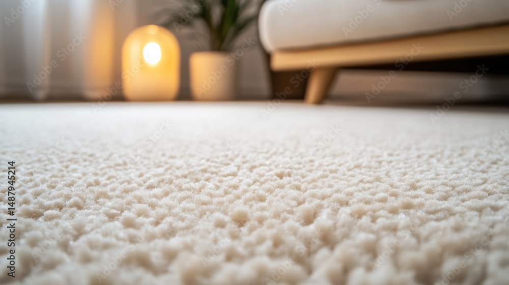 Aufkleber close-up view of a plush, off-white carpet fiber texture, soft and luxurious, in a modern minimalist