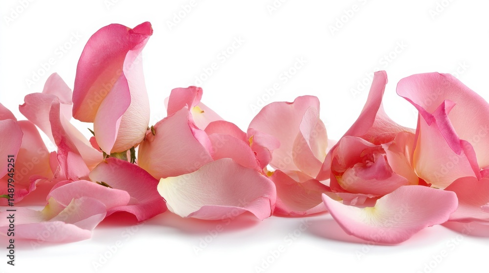 Poster a delicate arrangement of pink rose petals, softly illuminated against a pristine white backdrop, sh