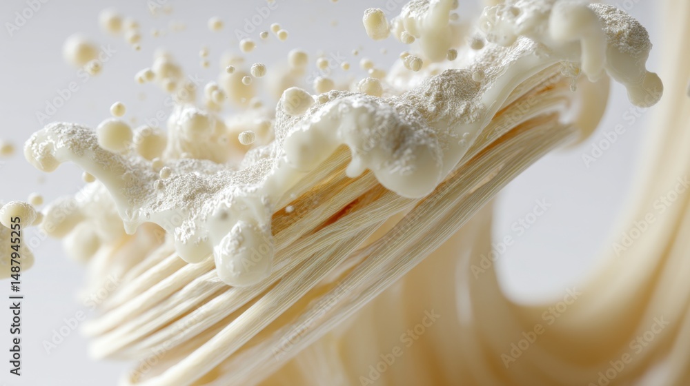 Leinwandbilder Creamy liquid splash with textured strands, creating a dynamic and elegant composition.  The off-white hues and bubbly texture evoke a sense of lightness and movement. : Generative AI