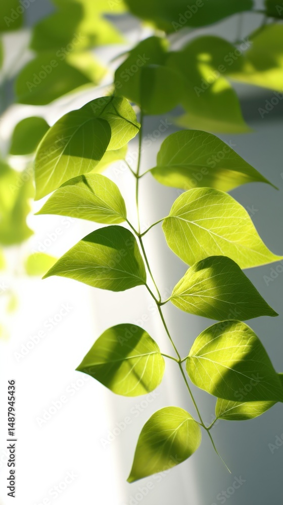 Poster Sunlight illuminates vibrant green leaves, showcasing intricate vein patterns and delicate textures.  The bright light creates a contrast against a soft, neutral background. : Generative AI