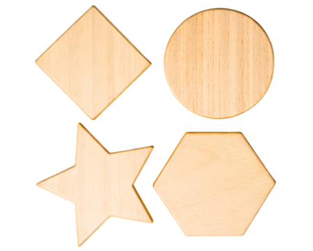 Wooden geometric shapes are set for educational and craft activities on a transparent background