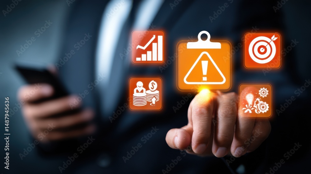 Poster businessman interacts with digital interface showing key performance indicators, risk management, an