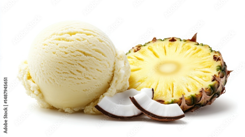 Poster a scoop of creamy vanilla ice cream sits beside a juicy pineapple slice and fresh coconut pieces, cr